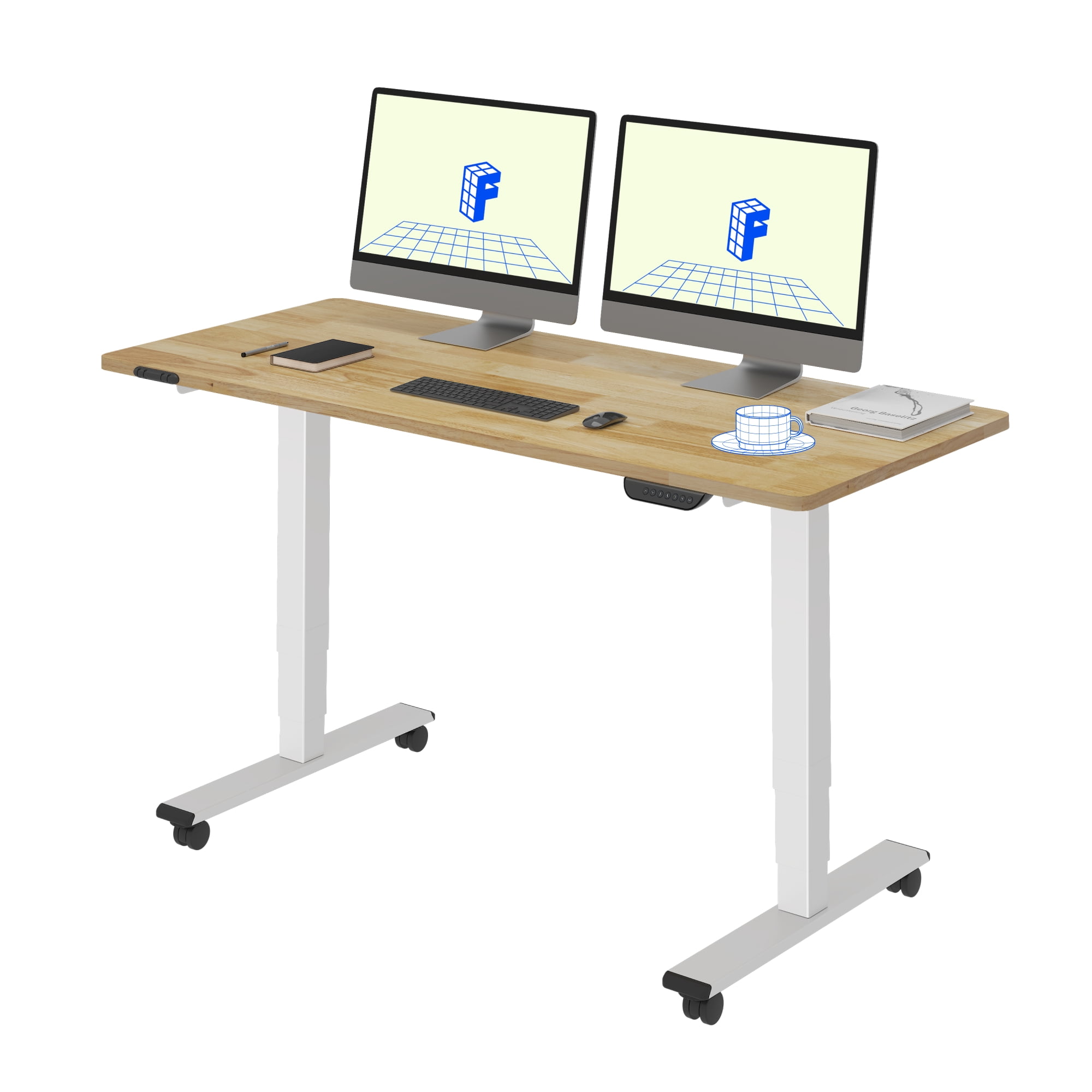 FLEXISPOT E6 55"x24" Dual Motors 3-Stage Standing Desk Solid Wood Home Office Height Adjustable Desk with Wheels, Solid Rubber Wood Desktop and White Frame