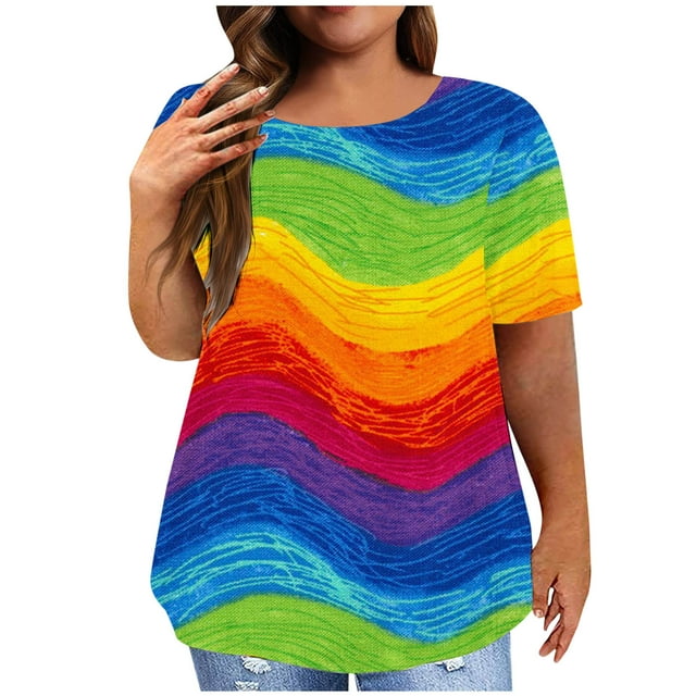 Hauts Grande Taille pour Femmes Imprimé Tendance Col Rond Manches Courtes Chemises Décontractées Amples Confortables Été Sorties Blouse Tees