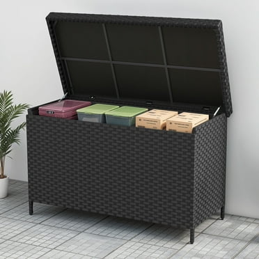 Uforic 170-Gallon Wicker Deck Box with Large Storage, All-Weather Rattan Bin with Full Coverage Lid, Outdoor Storage Box - Black