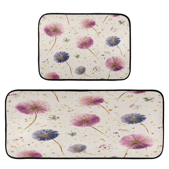 2-Piece Kitchen Rugs Set Non-Slip Mats Carpet Floor for Kitchen, Bathroom (19.7"x27.6" & 19.7"x47.2") Pink and Purple Dandelions