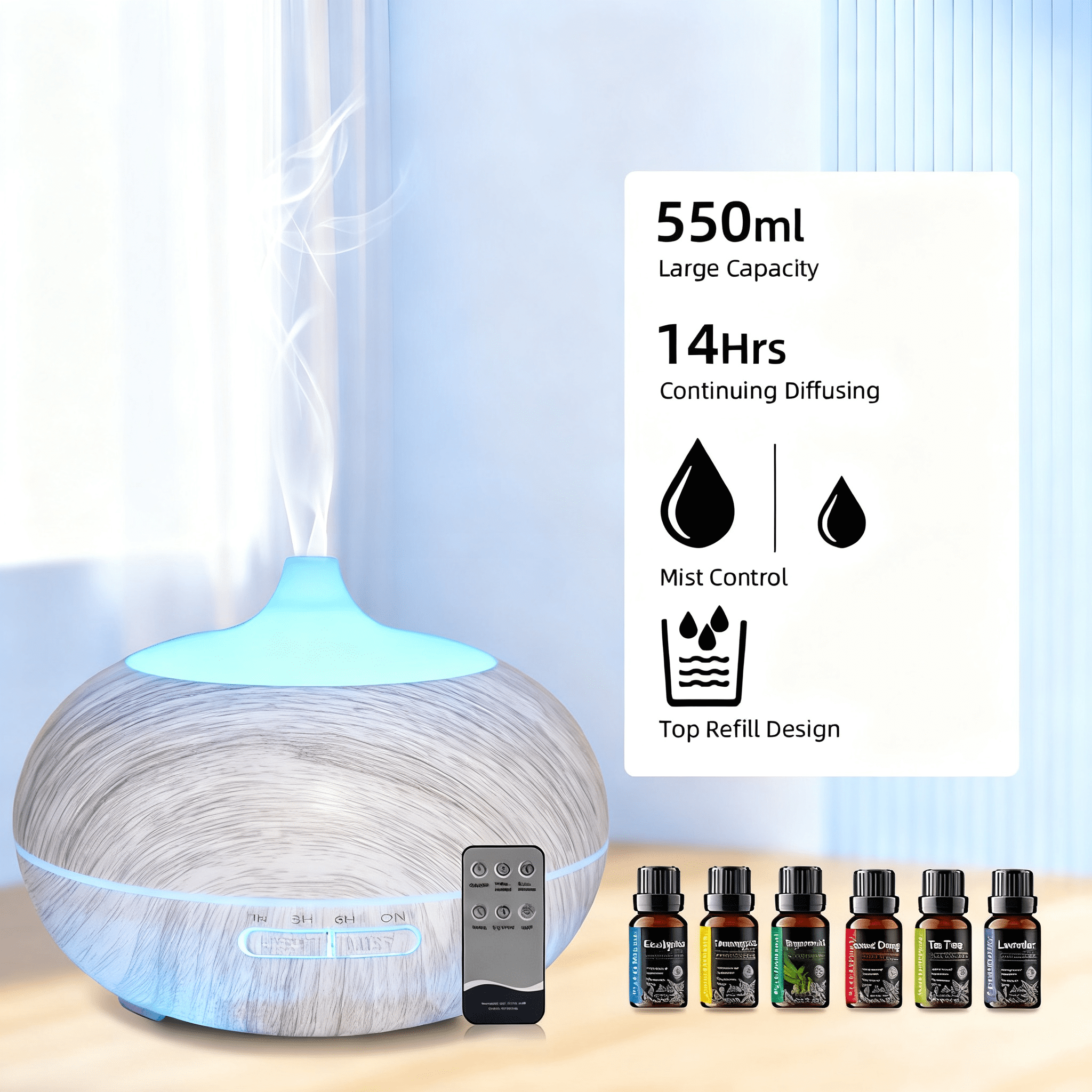 Multi Function Aromatherapy Diffuser & Humidifier Wood Grain Design, 550ml Tank, 7 LED Colors, Remote Control with 6 Essential Oils