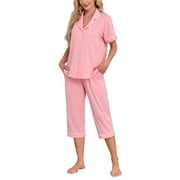 ANLIQI Women's Pajama Sets Modal Short Sleeve Button Down Sleepwear Summer Capri Soft Pajamas Set (Sage Green, Large)