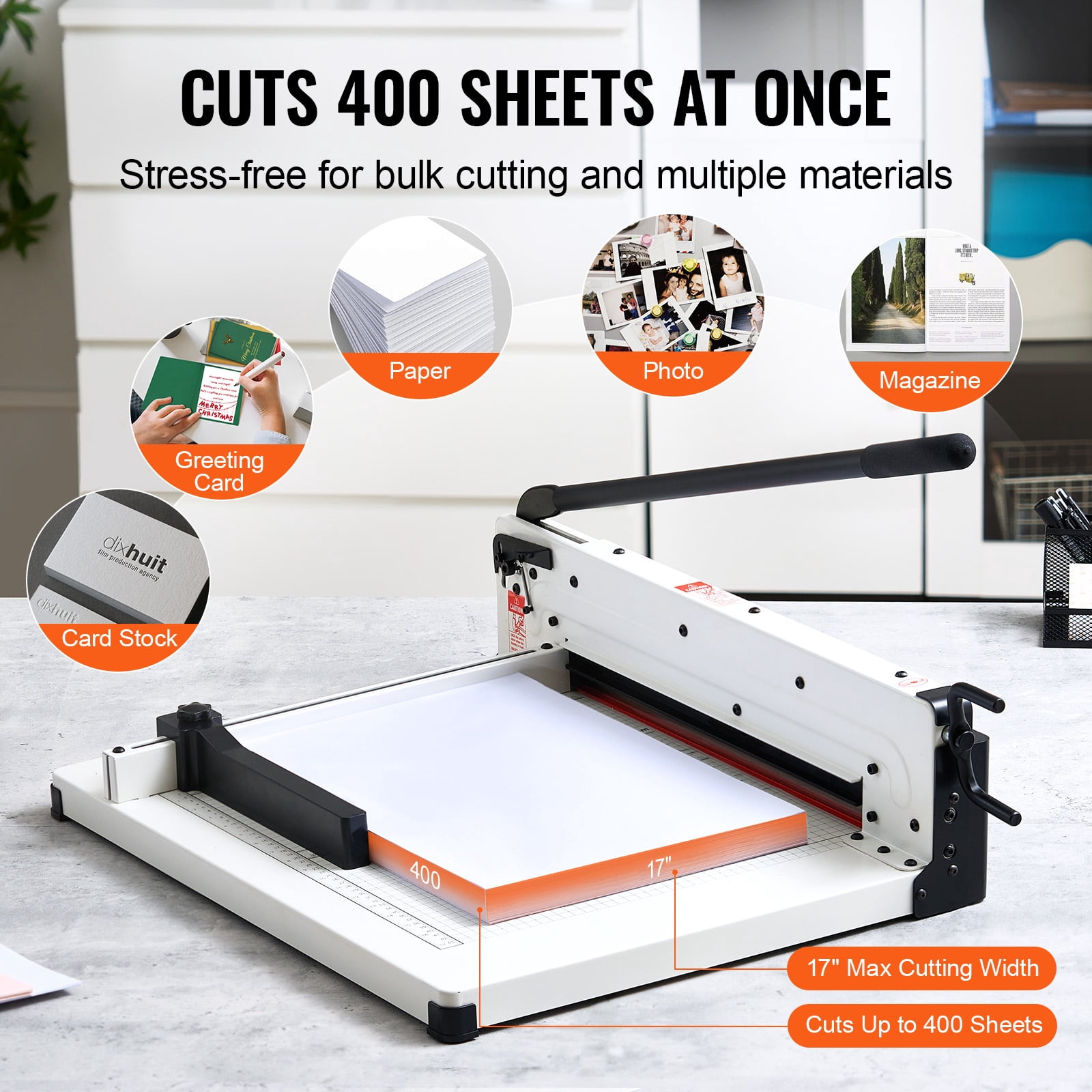 KFFKFF Robust Paper Slicer, 17" Professional Industrial Paper Slicing Device for A3 Paper, Can Handle 400 Sheets, Built with Durable Steel, Stack Paper Cutting Tool for Office, Home, in White