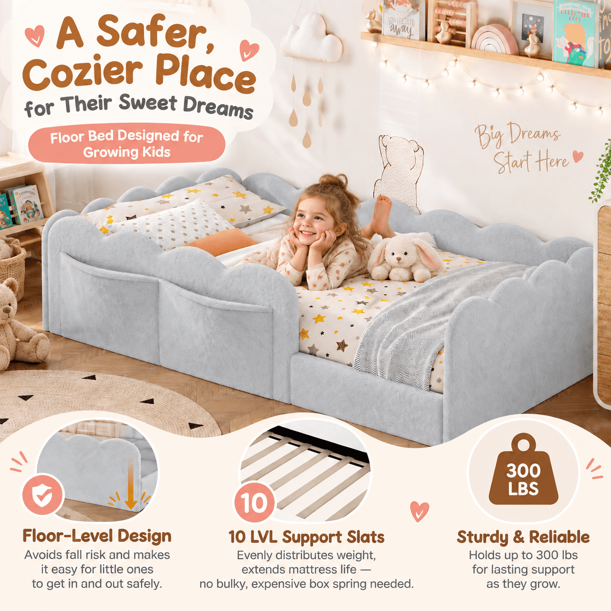 Howcool Montessori Upholstered Floor Bed with Soft Wave Guardrails,Twin Size Rabbit Plush Toddler Bed with Storage Pockets,Light Gray