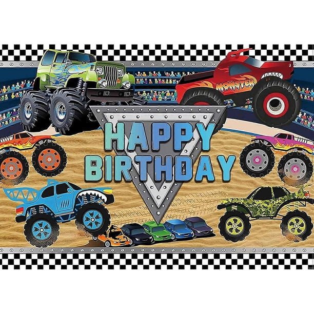 Monster Truck Party Backdrop Happy Birthday Backdrop Monster Truck Birthday Party Supplies, Vinyl Monster Truck Backdrop Monster
