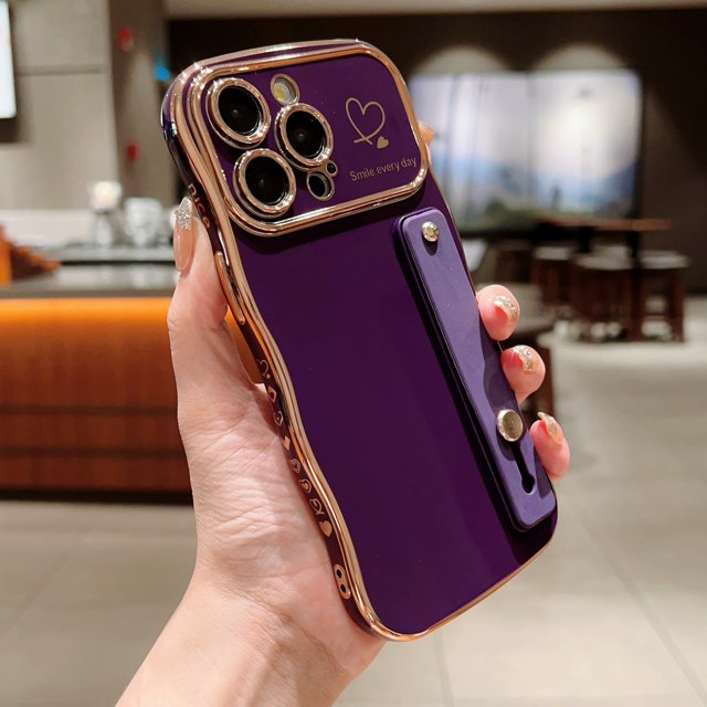 Suitable for Apple Series, Large Window Electroplated Wave Double Heart Mobile Phone Case + Bracket.
