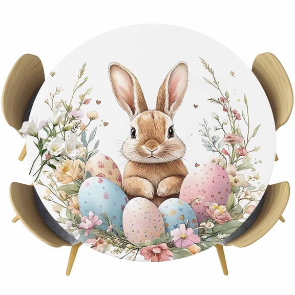 Easter Bunny Round Tablecloth 45-54 Inch Round Fitted Table Cloth with Elastic Edge, Boho Floral Colored Eggs Spring Flower Waterproof Table Cover Protector for Outdoor Picnic Party Dining