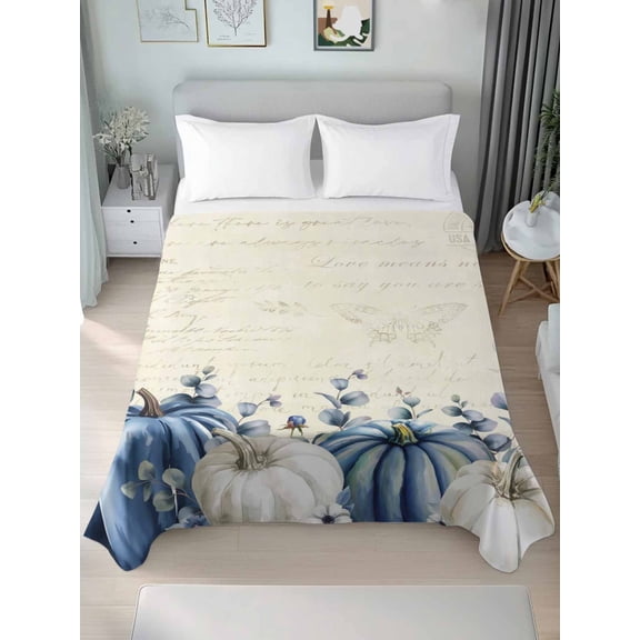 Queen Flat Sheet Only Retro Country Pumpkins Soft Microfiber Cooling Bedding Sheets Eucalyptus Leaves on Letter Flat Bed Sheet for Hotel,Home Decor