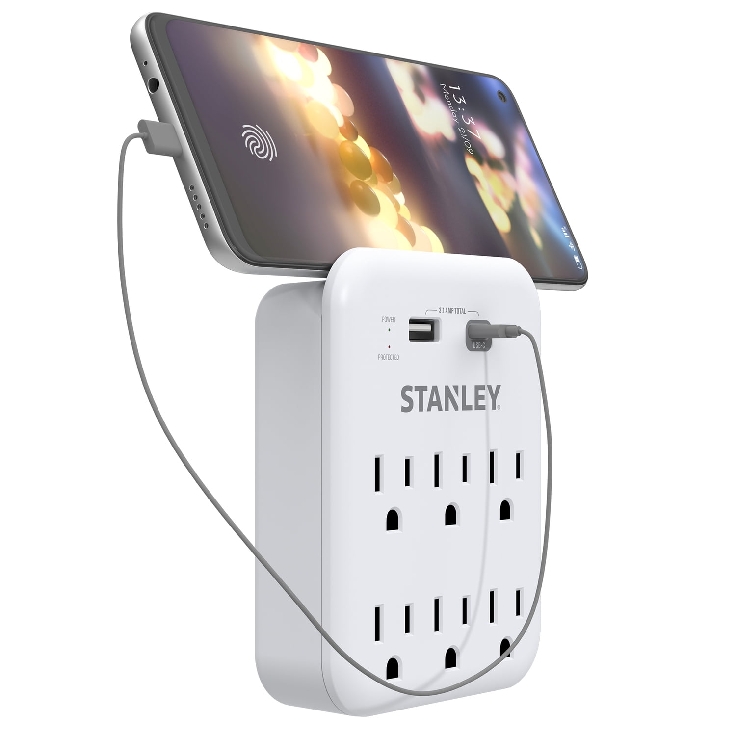 STANLEY 6-AC Outlet 2-USB Port 1,200-Joules SurgePro 1200 USB Extreme Surge Protector Wall Tap Adapter with Integrated Phone Shelf, 30426