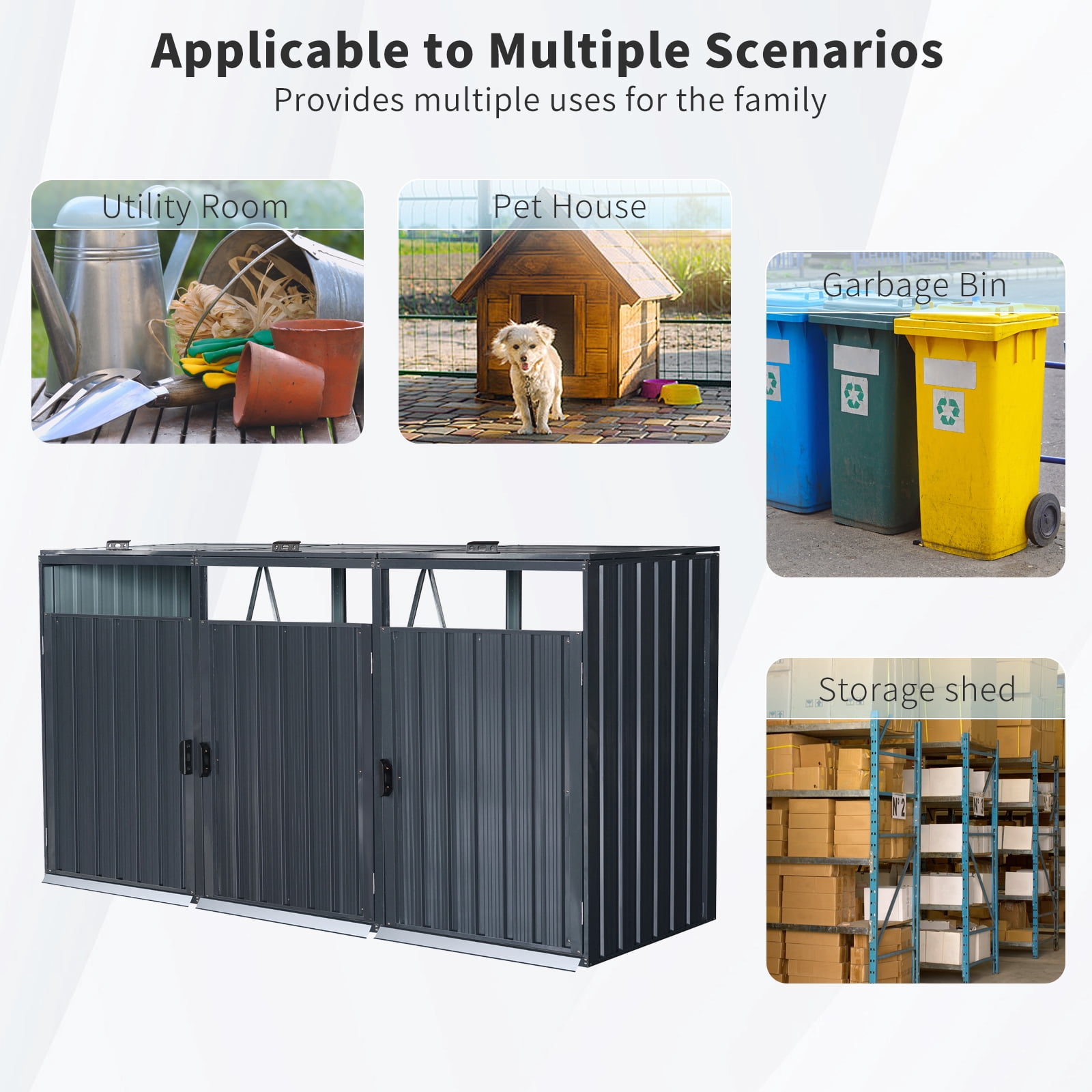 Outdoor Metal Garbage Bin Shed, Lockable Waterproof Storage Shed for 3 Trash Cans, Patio Waste Enclosure