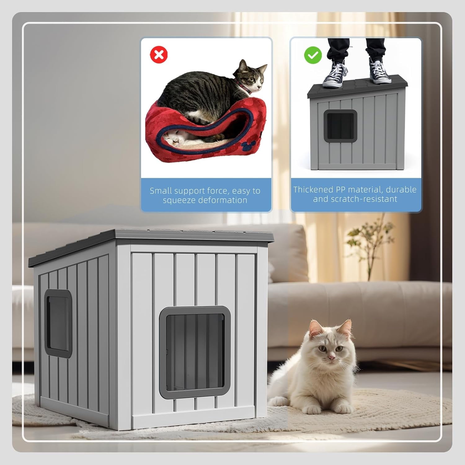 FICARTS Outdoor Condo - Style Waterproof Cat Shelter - PP Material, All - Season Insulated, Easy Assembly, Includes Vents, for Cats & Small Dogs,Gray
