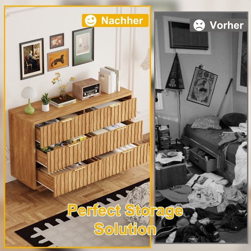 Fluted 6 Drawer Dresser for Bedroom, Wide Modern Chest of Drawers with Metal Handle, Curved Profile Design, Wood Closet Clothes Storage Organizer for Bedroom, Living Room, Hallway