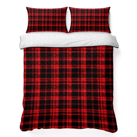 King Quilt Bedding Set Red Black Buffalo Plaid Summer Quilt Lightweight Quilted Coverlet with 2 Pillow Shams, Christmas Minimalist Checkered 3-Piece Bedspread Quilt Set for All Season