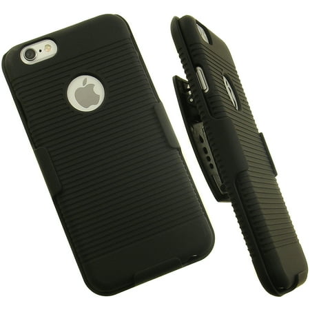 iPhone 6 Clip, Black Ribbed Hard Shell Stand Case Cover and Belt Hip Holster Holder Combo with Stand for Apple iPhone 6