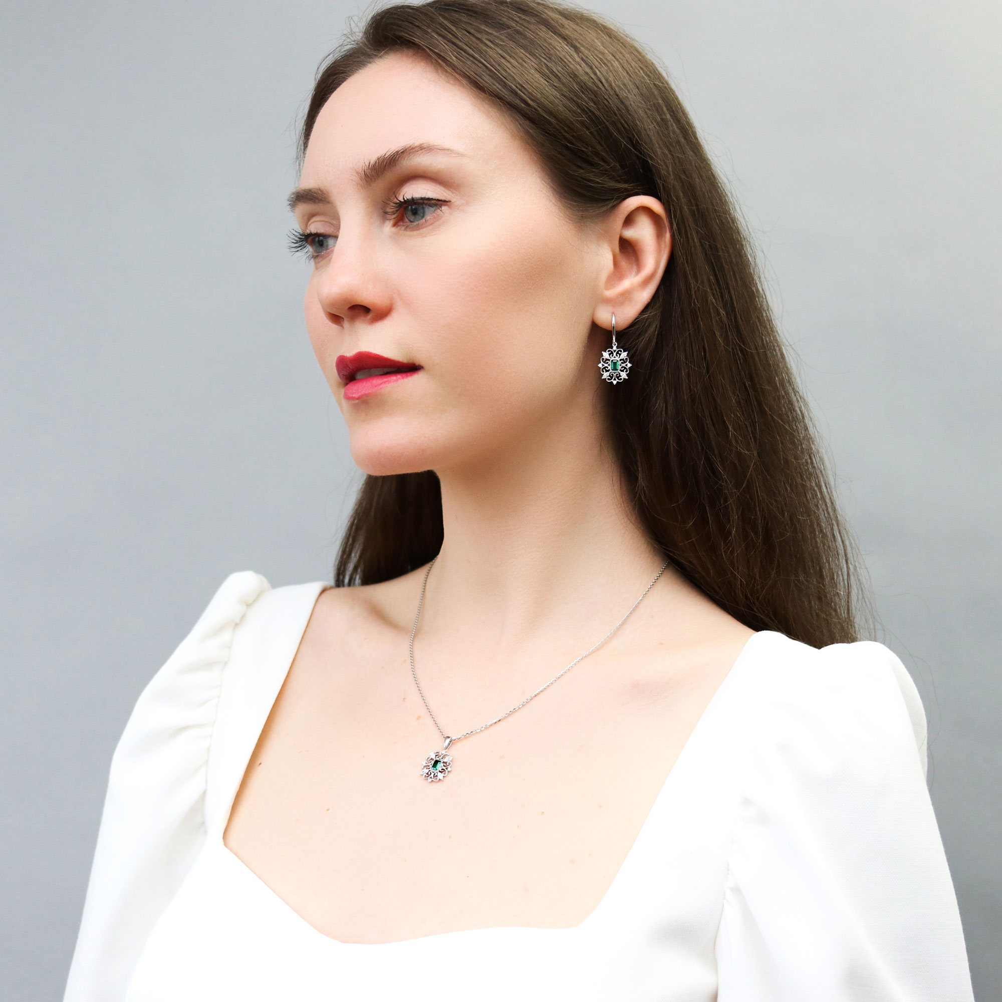 BERRICLE Sterling Silver Vintage Inspired Art Deco Green Cubic Zirconia CZ Filigree Fish Hook Dangle Drop Earrings for Women, Rhodium Plated