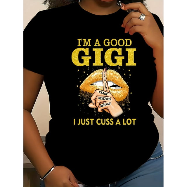 1pc Women'S Casual Round Neck T-Shirt with "i'm a Good Gigi" Golden Lips Print, Cotton, Short Sleeve, Regular Fit, Social Role Graphic Tee for all Seasons