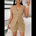 thumbnail image 4 of Conjuntos de Verano de 2 Piezas para Mujer, Sin Mangas, con Cuello en V, Abotonado, Chaleco y Pantalones Cortos con Bolsillos. Caqui S, 4 of 9