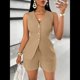 thumbnail image 4 of Conjuntos de Verano de 2 Piezas para Mujer, Sin Mangas, con Cuello en V, Abotonado, Chaleco y Pantalones Cortos con Bolsillos. Caqui S, 4 of 9