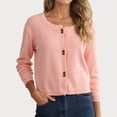 thumbnail image 2 of Wang6 Women Lightweight Cropped Cardigans Sweaters Trendy Long Sleeve Button Knit Sweater Fall Crew Neck Double Buttons Knitted Outwear Tops Pink One Size, 2 of 7