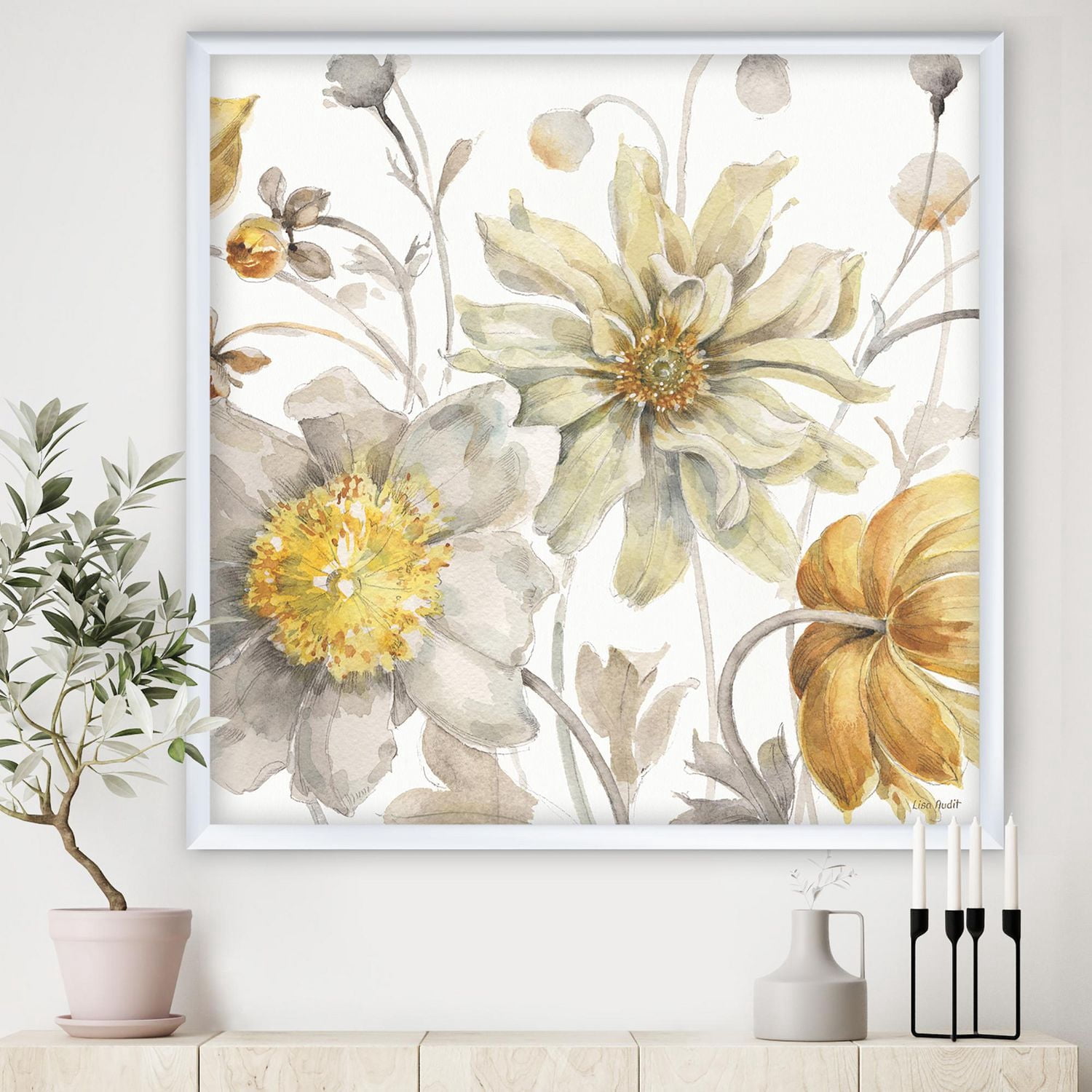 Designart Champs d'or Aquarelle Fleur V Art mural encadré