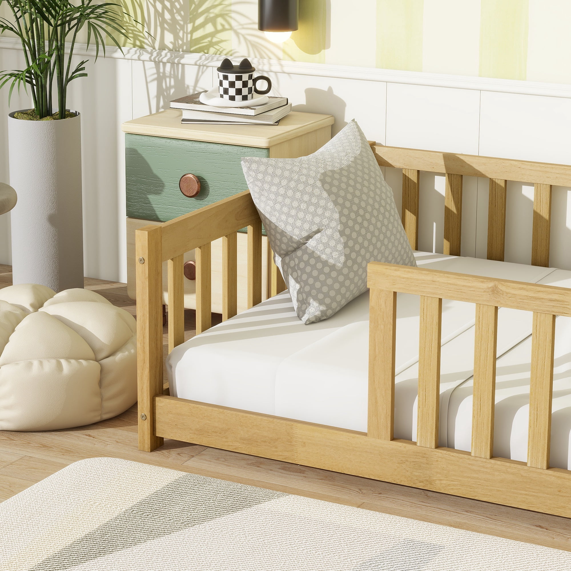 PORKISS Twin Floor Bed with Guardrails, Natural Montessori Floor Bed Frame for Kids, Wood Toddler Bed Frame with Slats, Low Profile Kids Bed, Open Entry, No Box Spring Needed