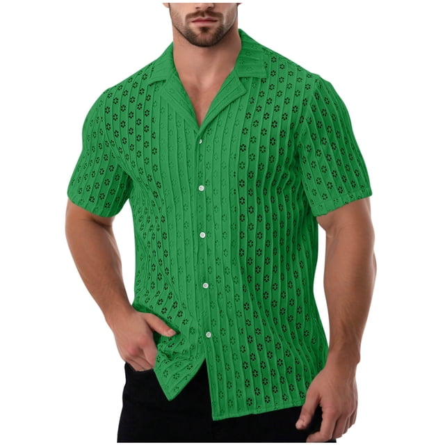 Mgmyaa Men's Short Sleeved Button Down Shirt Jacquard Cardigan Collared Beach Shirt Tops