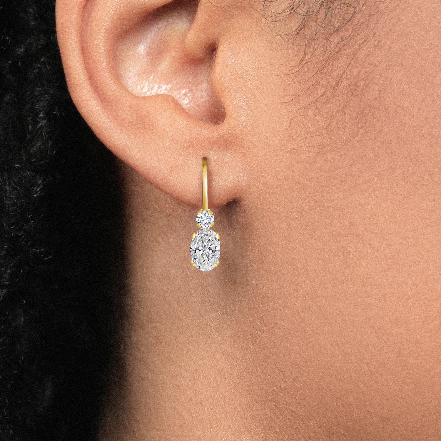 Gem Stone King 14K Yellow Gold White Lab Grown Diamond Leverback Earrings for Women | 0.86 Cttw | Oval 6X4MM and Round 2MM | DEF Color | VVS-VS Clarity | 3/4 inch
