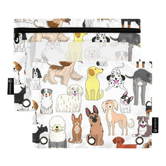 2 Pack Pencil Pouch for 3 Ring Binder Various Cute Dogs Pencil Case Clear Window Zipper Pencil Bag Organizers