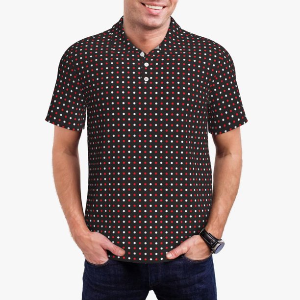 Balery Red and white polka dots Camisa Polo de Hombre con Estampado, de Manga Corta y Tejido Medio, Camisa Tipo Golf Polo-Small