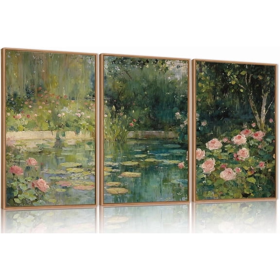 Monet Floral Framed Canvas Wall Art Set, Impressionist Botanical Garden Wall Decor, Vintage Ponds Tree Plant Artwork, Nature Landscape Prints for Living Room, Bedroom - Size 16"x24"x3