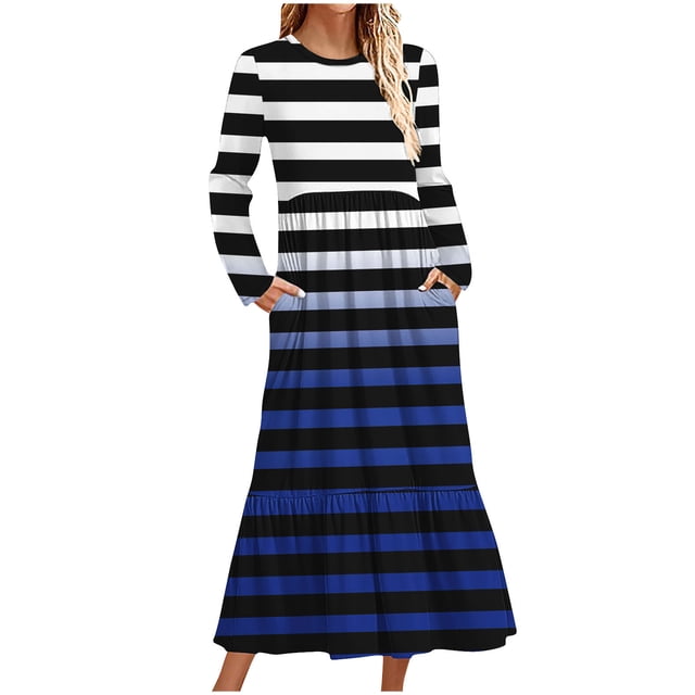Robe Plissée pour Femmes Robe d'Automne pour Femmes à Manches Longues Maxi 2024 Décontractée à Col Rond Fluide Évasée Robe d'Invitée de Mariage avec Poches P-199 Bleu TG
