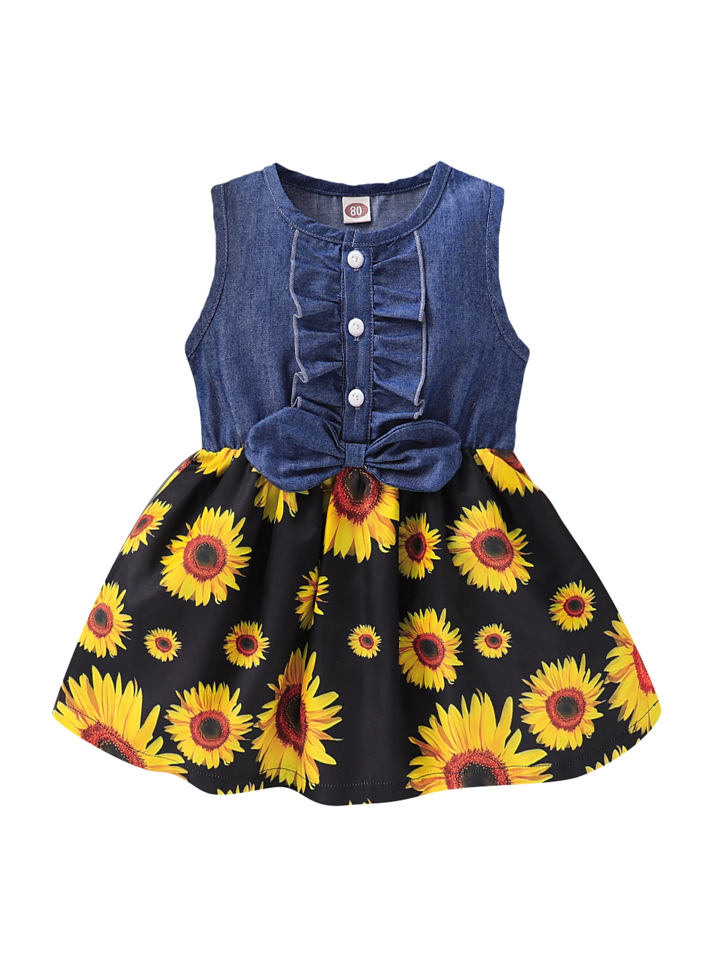 Baby Girls Button Ruffle Denim Sleeveless Sunflower/Leopard Print Dress Sundress 