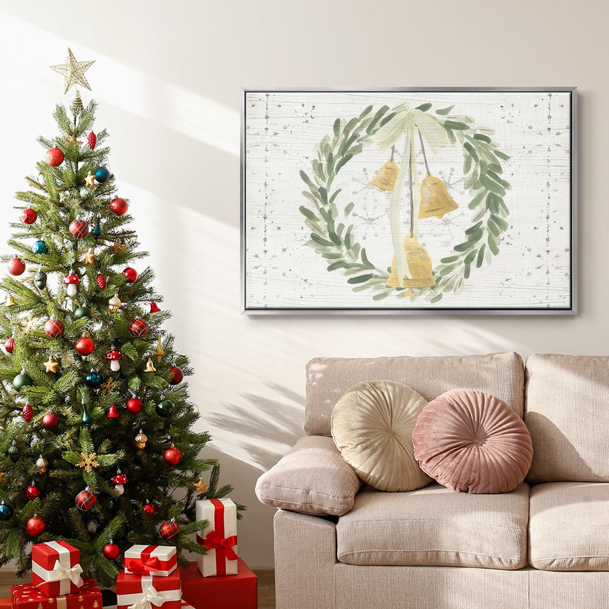 Weathered Aspen Wreath Collection A - Framed Gallery Wrapped Holiday Canvas - 25 x 37 - Silver Frame
