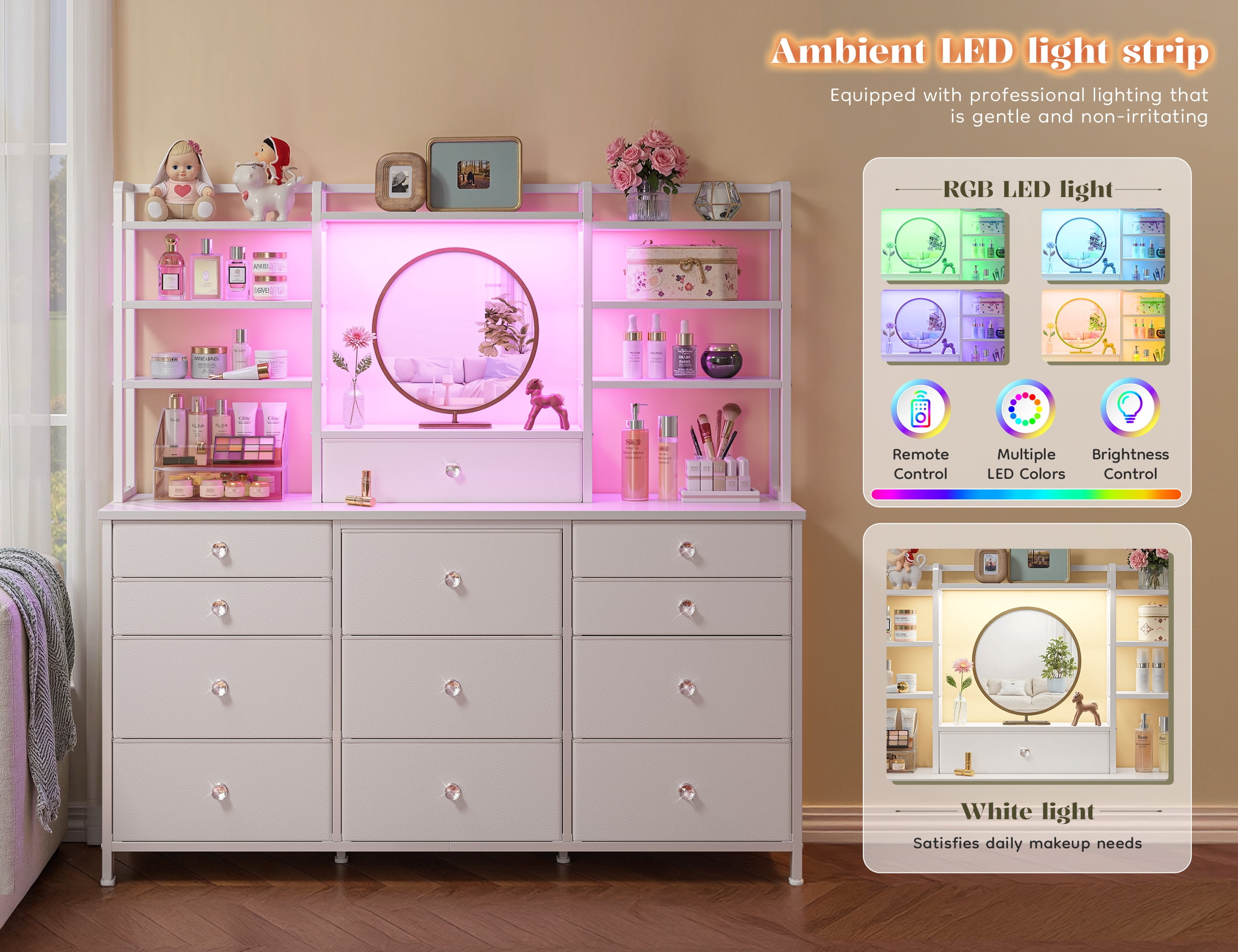 EnHomee Fabric Dresser for Bedroom with LED Lights Vanity Dressing Table with 12 Drawers & Open Shelves，White