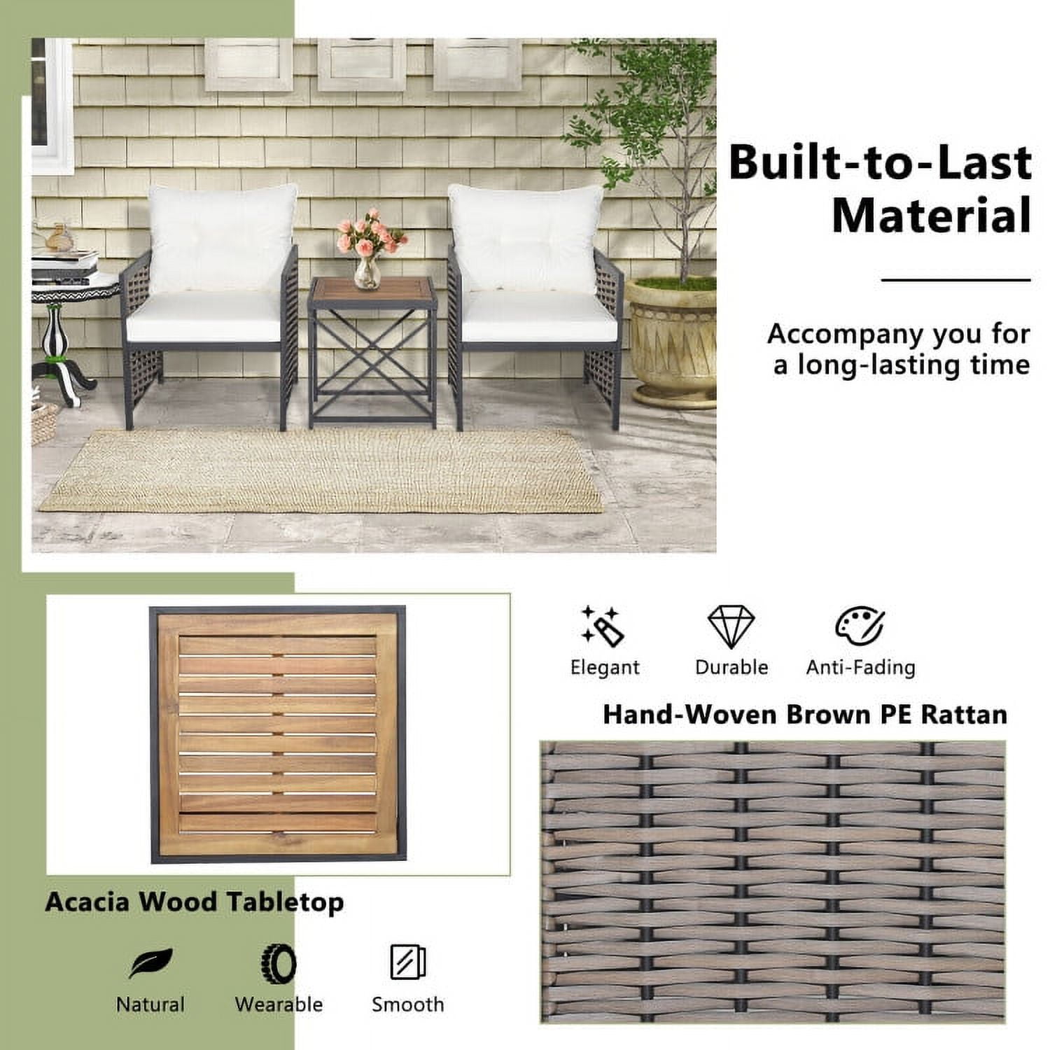 Aimee Lii 3 Piece Patio Rattan Furniture Set with Acacia Wood Tabletop, Backyard Furniture, White Aimee Lii 3 Piece Patio Rattan Furniture Set with Acacia Wood Tabletop, Backyard Furniture, White