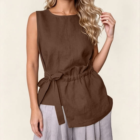 Uootdi Women's Tops Round Neck Sleeveless Tie Waist Tops Daily Casual Wear Lightweight Relaxed Cutting Comfortable Blouses Gift