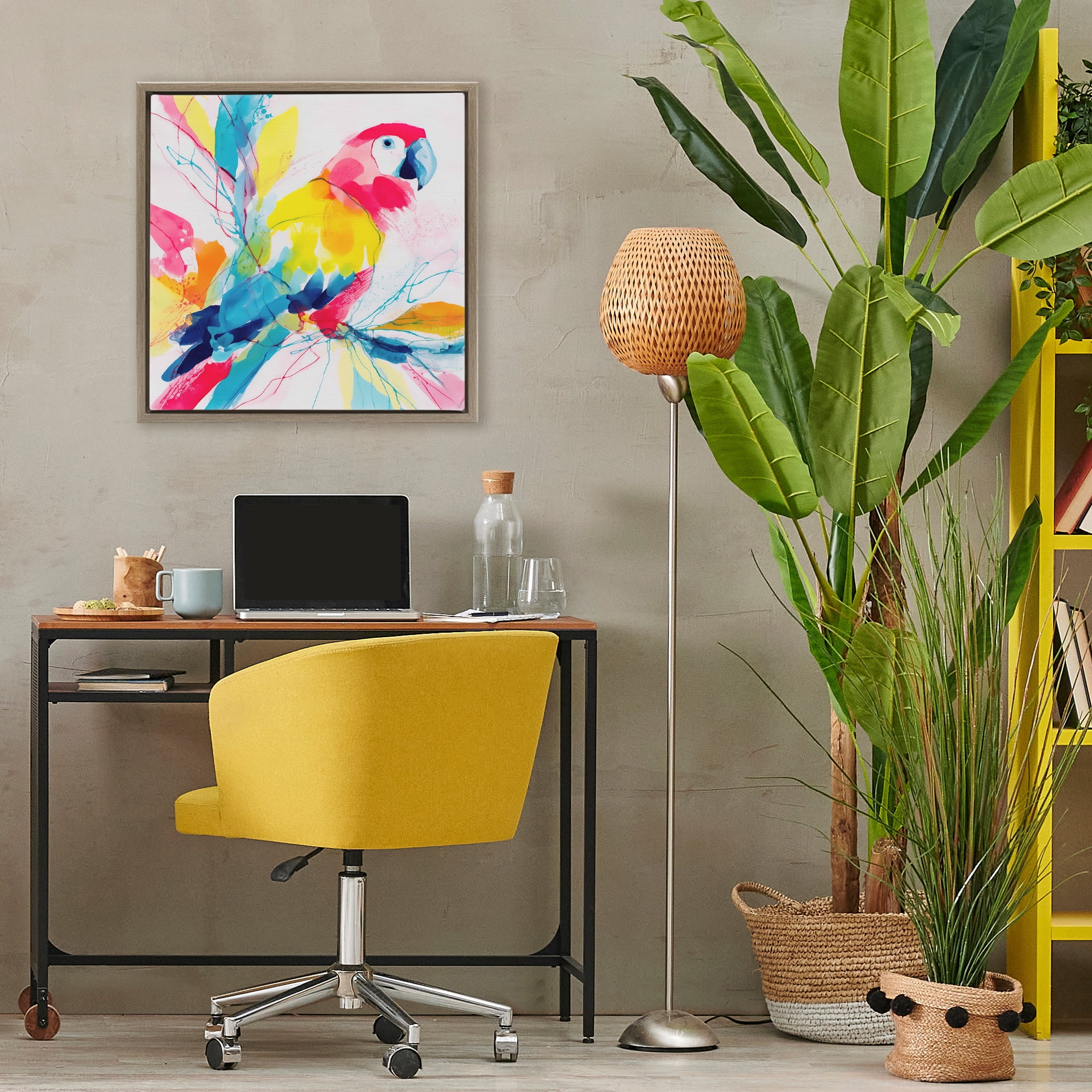 Stupell Industries Expressive Parrot in Bloom Brown Framed Floater Canvas Wall Art, design by Chromatic Storm Studio