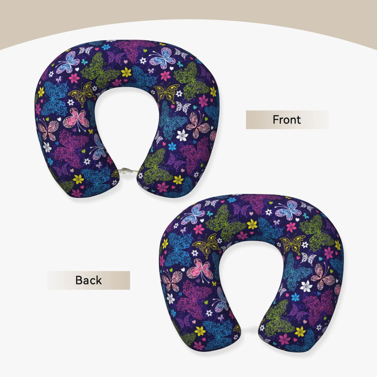 Xecao Colorful Butterflies Print Memory Foam Cervical Neck Pillow Versatile U-Shaped Pillows for Home,Office,Camping,Travelling,Soft Washable Cover