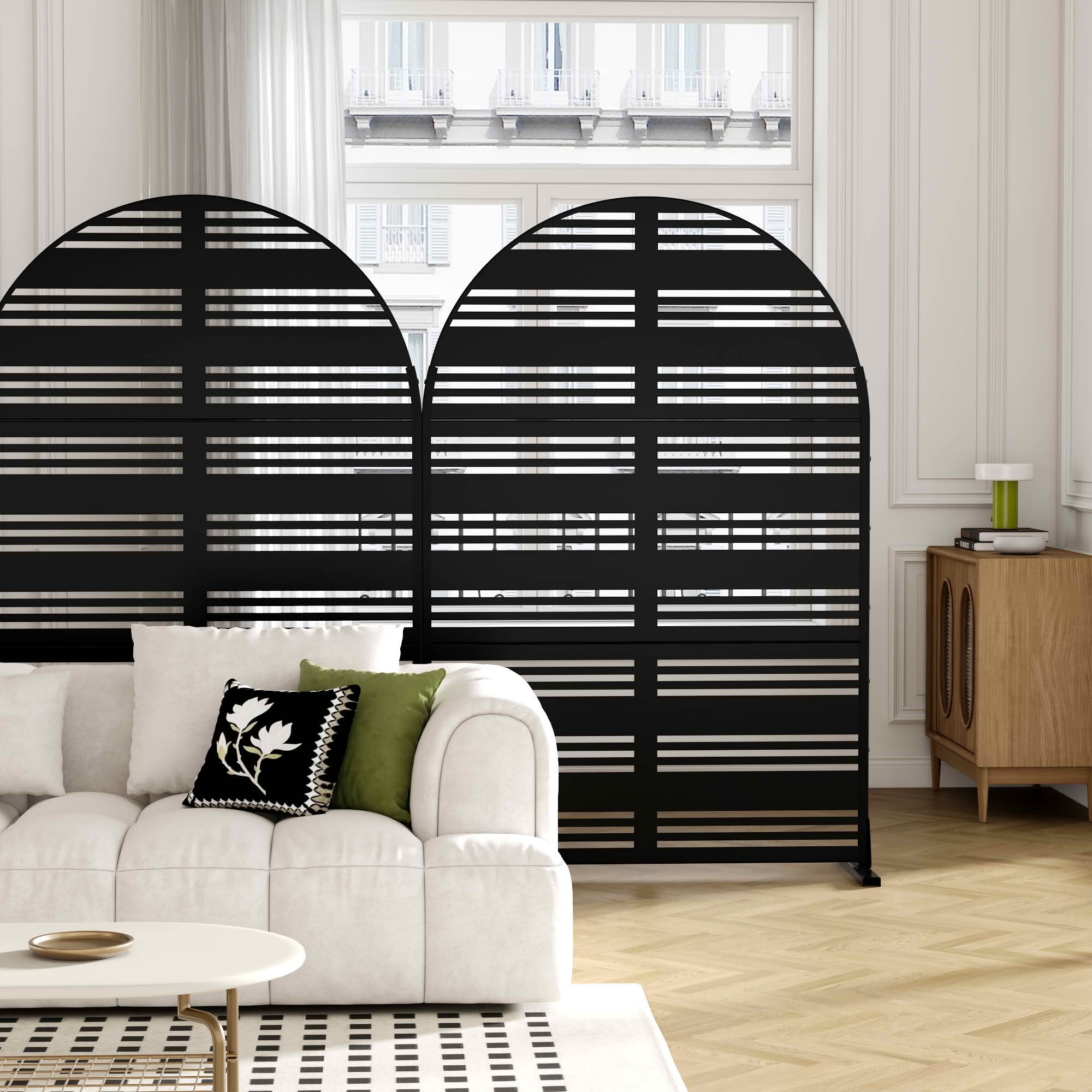 MAYEERTY 72x47x16 Inch Black Wide 1 Narrow 2 Louvered Arched Galvanized Steel Privacy Screen, 3 Piece Set for Outdoor Street