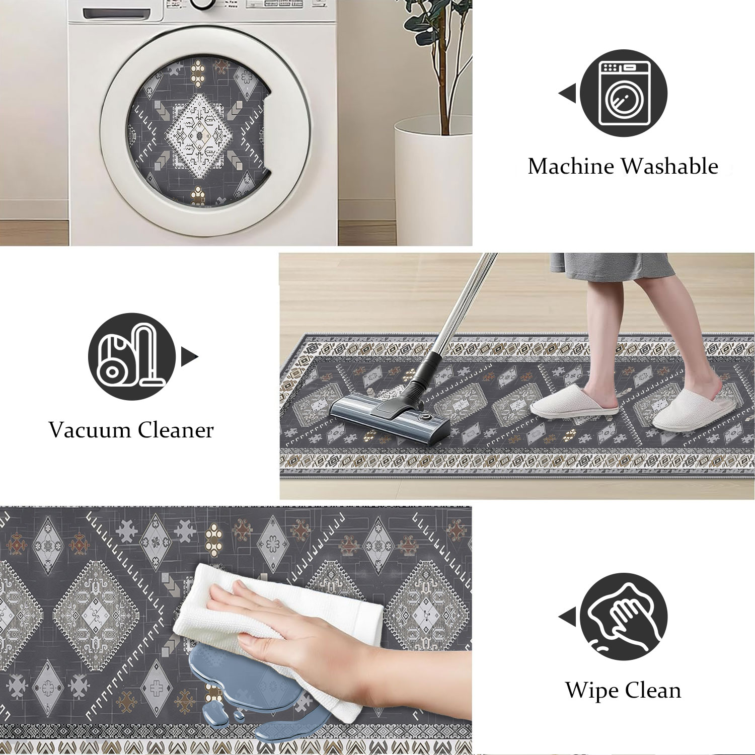 TECHVIDA 2'x8' Hallway Runner Rug Boho,Non Slip Machine Washable Rugs for Hallway Kitchen,Dark Grey
