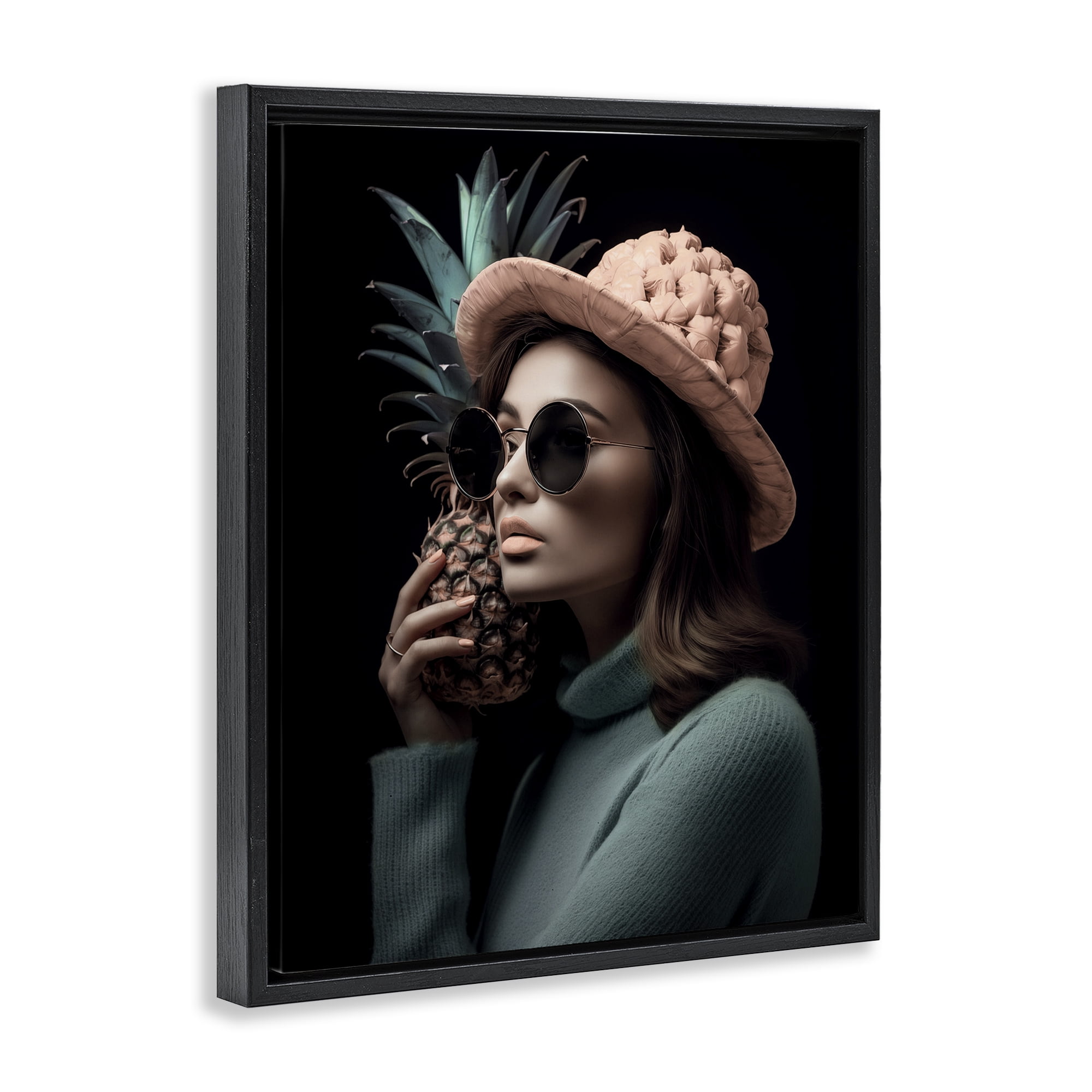 Stupell Industries Chic Girl with Pineapple Novelty Painting Black Floater Framed Art Print Wall Art, 17 x 21