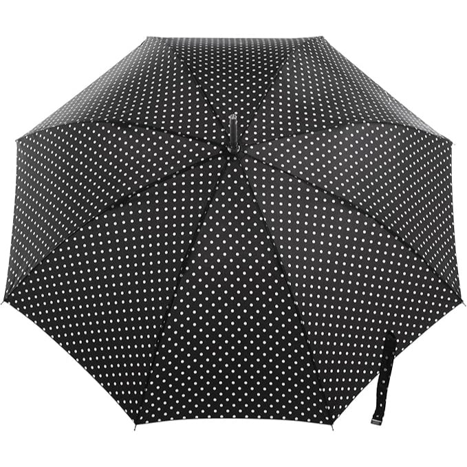 totes Large Eco Auto-Open Stick Umbrella with a Classic J Hook Curved Handle, Black/White Swiss Dot, 46"