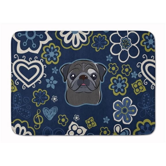 Blue Flowers Black Pug Machine Washable Memory Foam Mat