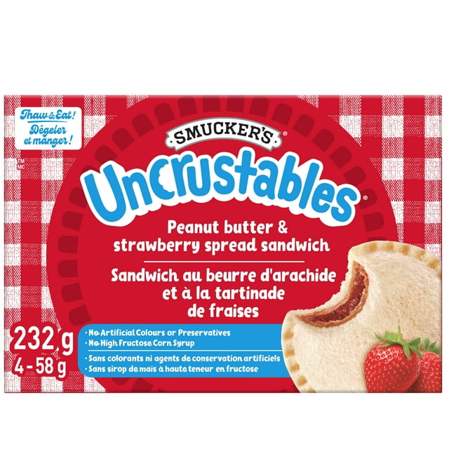 Smucker's Uncrustables Peanut Butter and Strawberry Spread Sandwich, Frozen, 58g, Pack of 4