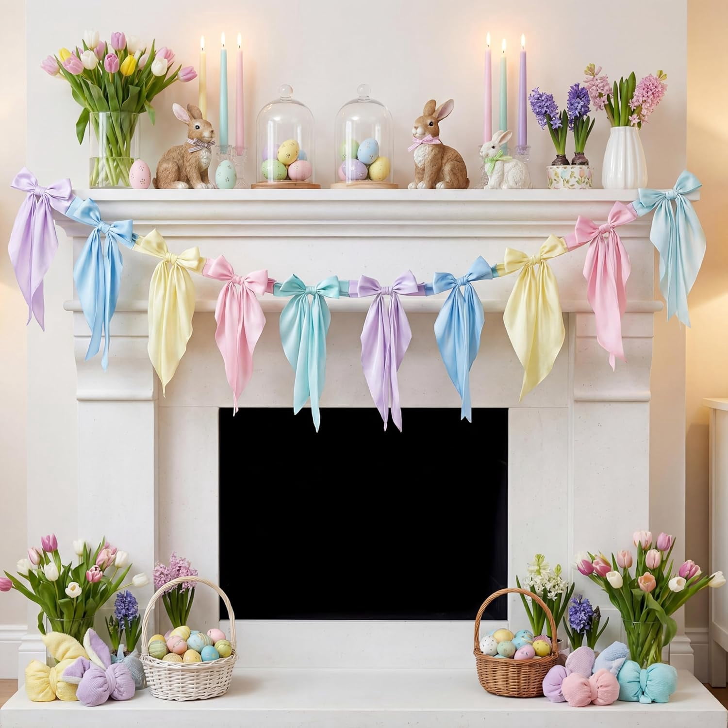 Satmonnus 7.9 FT Easter Pastel Bow Garland Banner - Silk Satin Ribbon Pastel Bow Garland Hanging Party Bow Garland Decoration for Easter Birthday Baby Shower Wedding Party Supplies