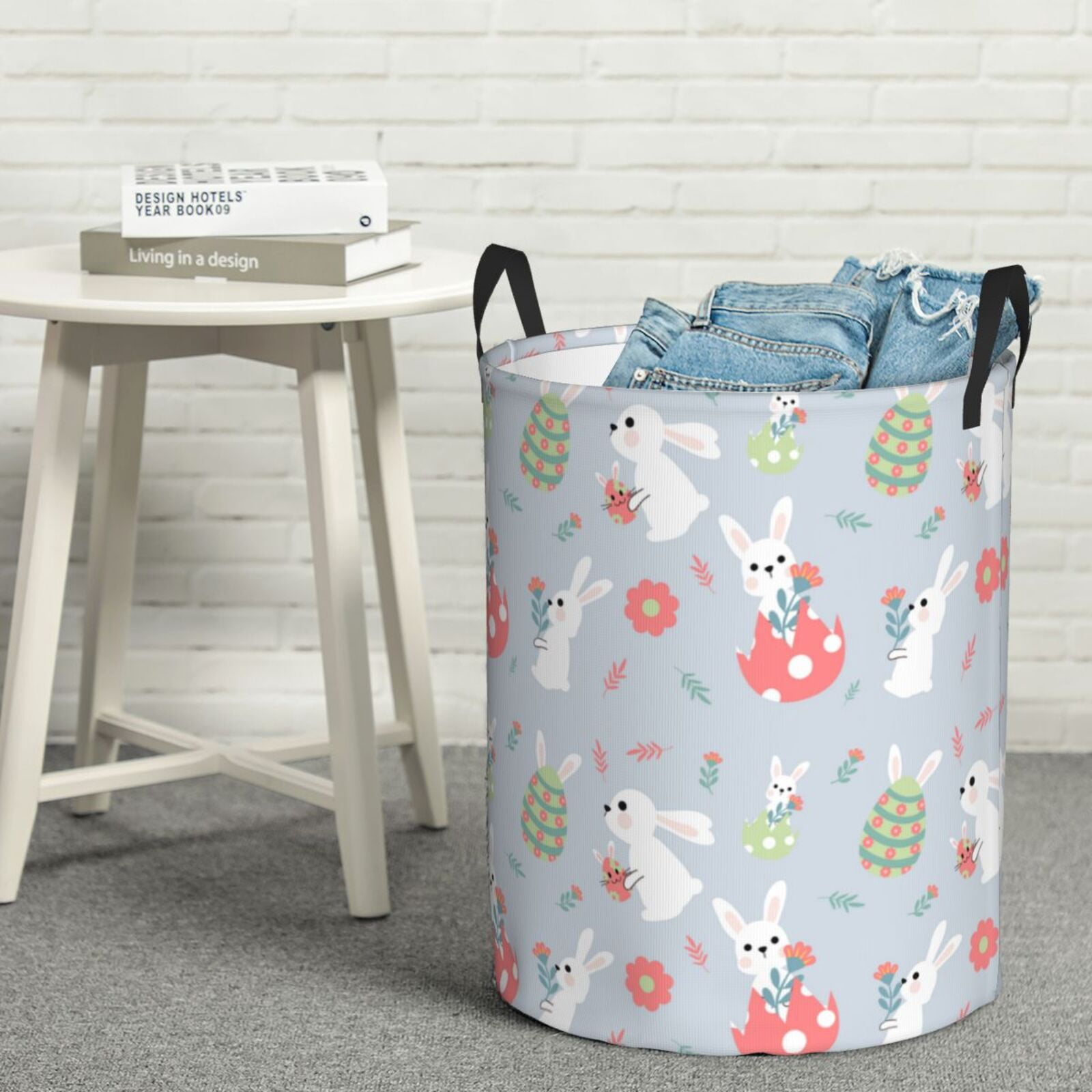 Gukieu Bunny cartoon with easter Print Round Dirty Clothes Bag, Waterproof Standing Home Bathroom Storage Basket Car Trunk Storage Bag-
