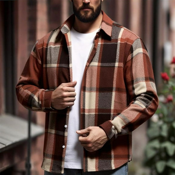 Fznquz Plaid Button Up Shirts for Men Orange Long Sleeve Shirts Flannel Collar Button Down Big and Tall Men Clothes