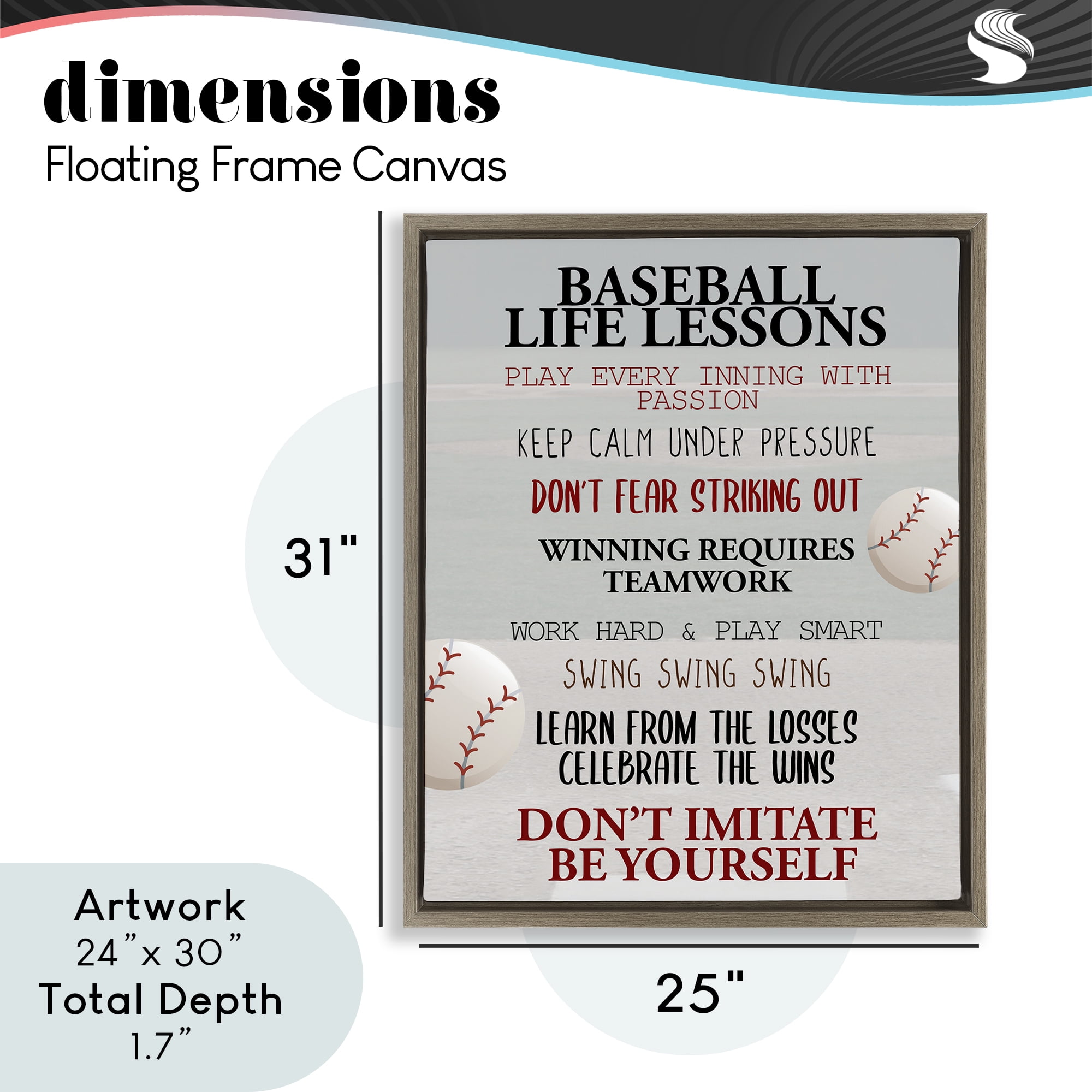 Baseball Life Lessons Brown Framed Floater Canvas Wall Art, design by Kim Allen