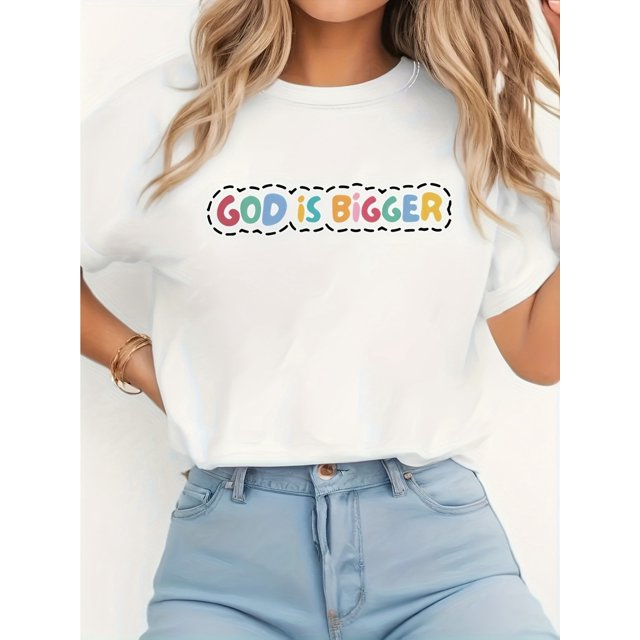 Inspiring Christian Faith T-Shirt - "God is Bigger " - Casual Crew Neck, Short Sleeve, Lightweight for Spring & Summer, Women'S Relaxed Fit Tee | Playful Graphic Tee