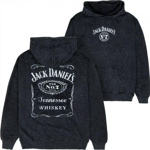 Jack Daniels Label Mineral Wash Front and Back Print Pull-Over Hoodie-Large